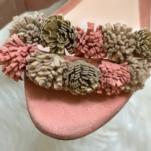 Loeffler Randal Layla Blush Pink Suede Block Heel Ankle Strap Pom Sandals Sz 6.5 - Picture 13 of 14